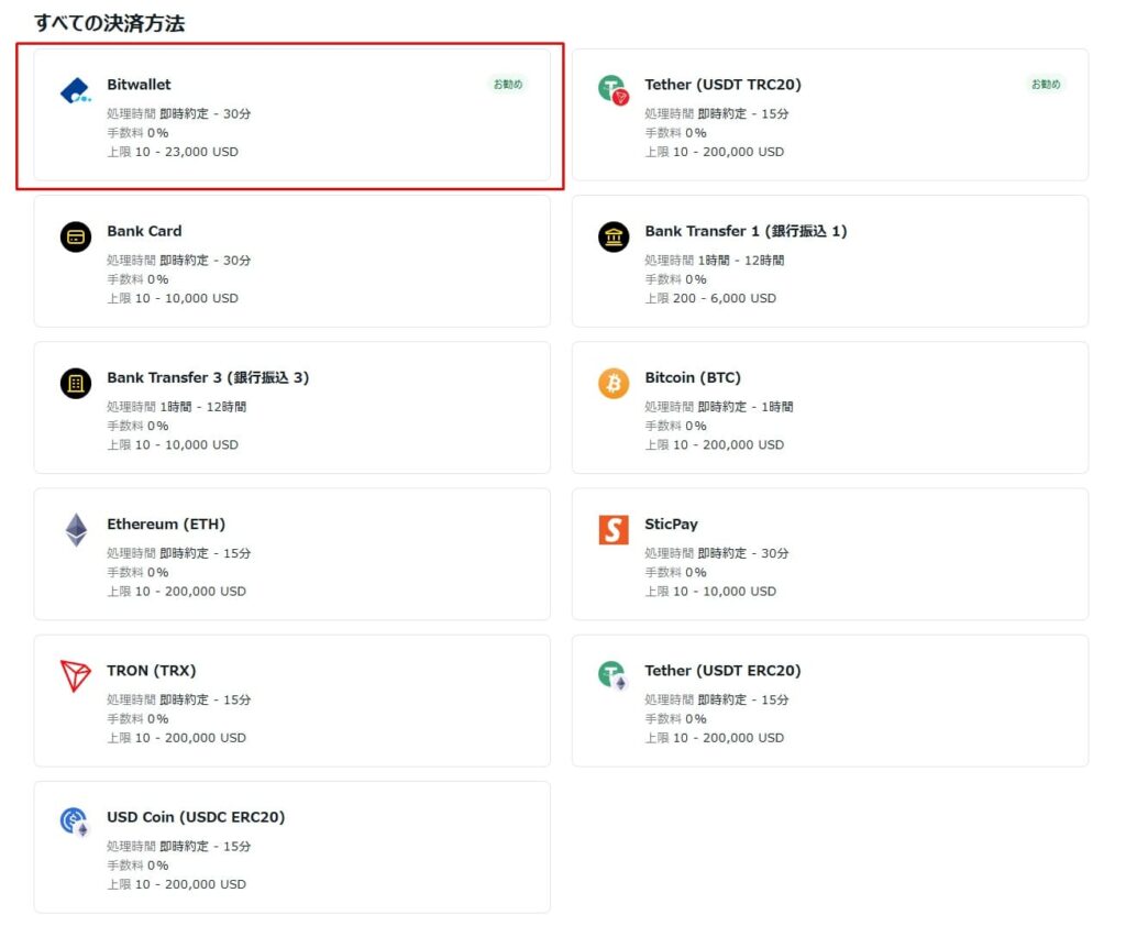 入金方法の一覧から「Bitwallet」を選ぶ