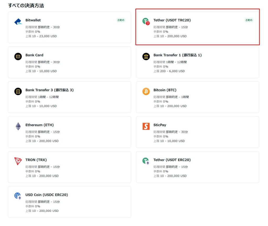 入金方法の一覧から入金したい仮想通貨を選ぶ
