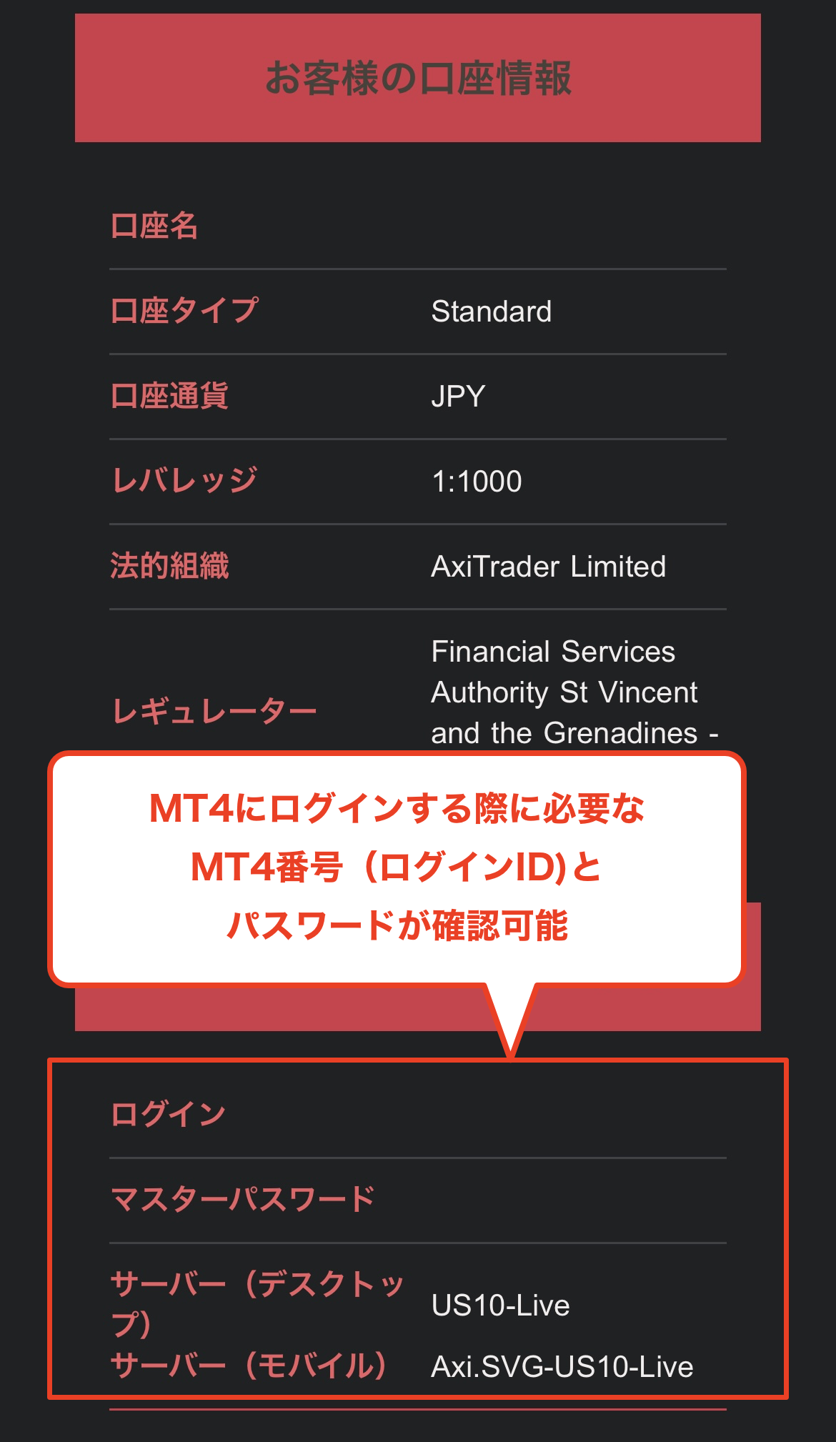 要开通 Axi 账户，请获取电子邮件中提供的 MT4 账户号码和密码。