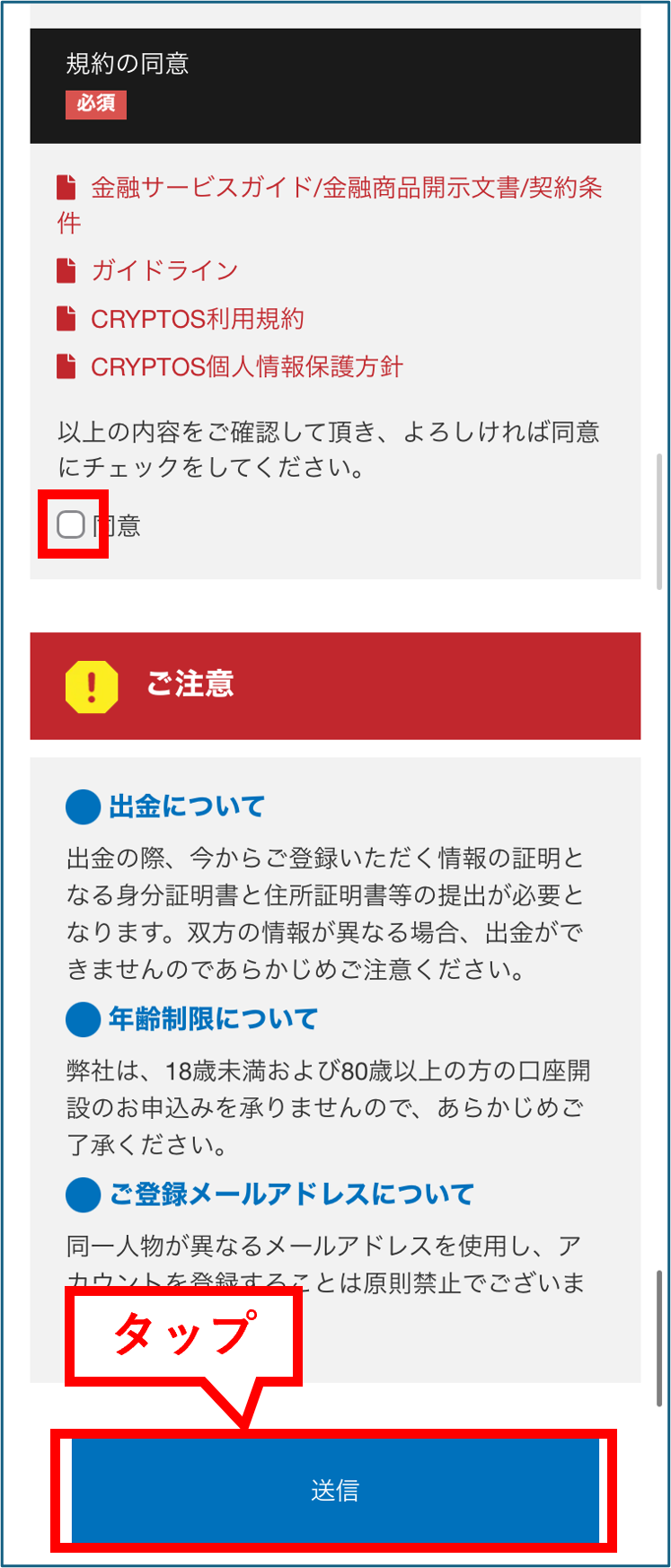 BigBoss 口座開設 規約に同意して送信ボタンをタップする