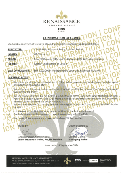 FXGTが取得している、ロイズ・オブ・ロンドンの賠償責任保険（Professional Indemnity Insurance）証明書の画像