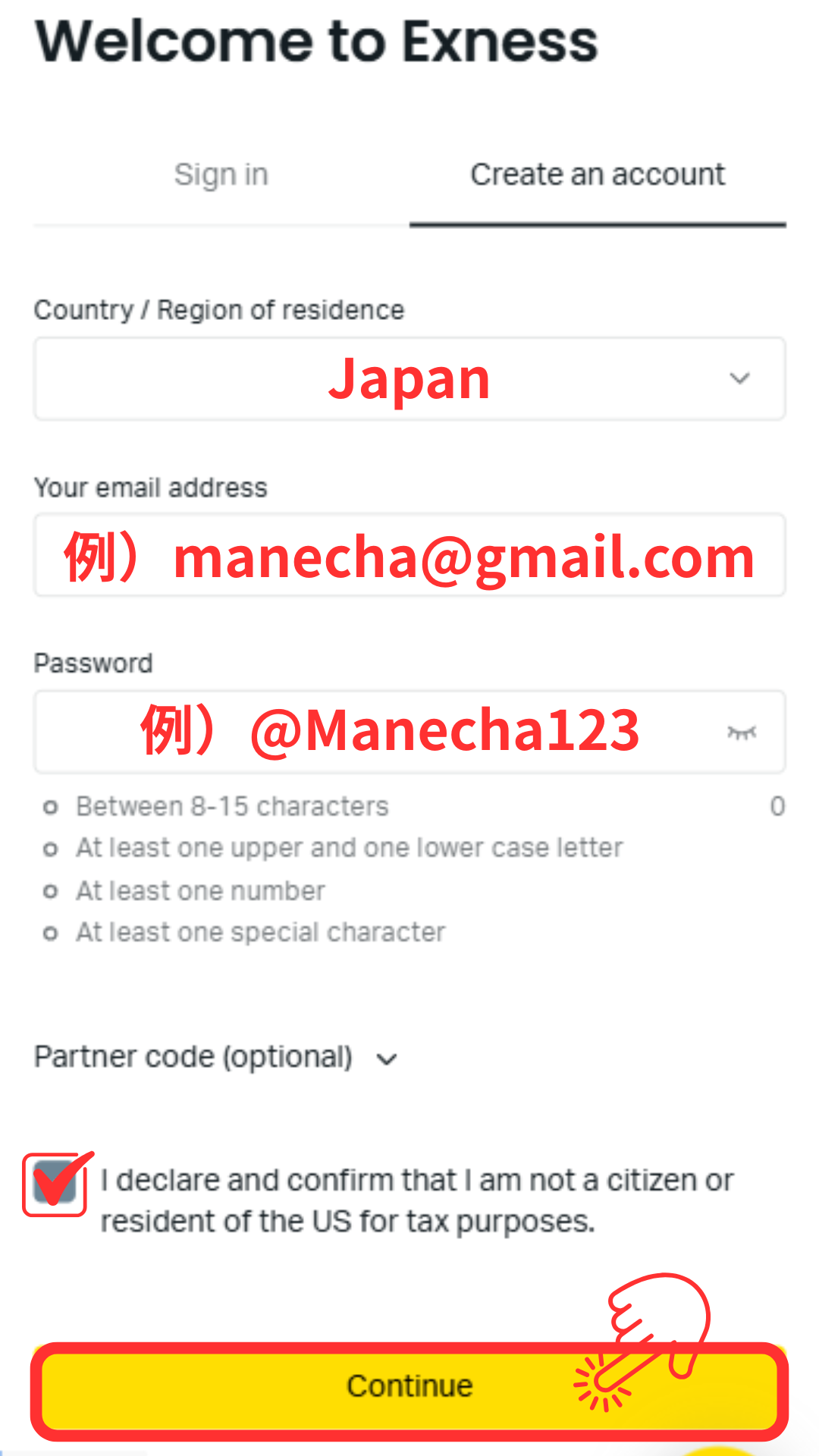 Open an Exness account by entering your email address, password, and other required information