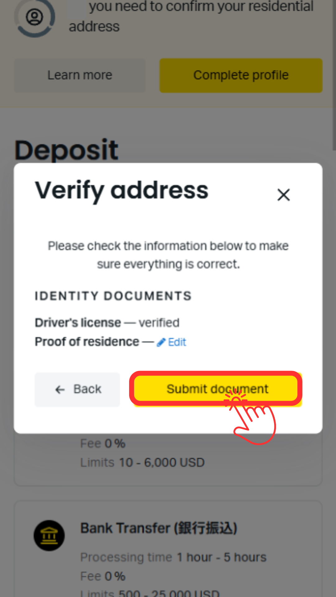 Open an Exness account: Upload proof of address and submit document