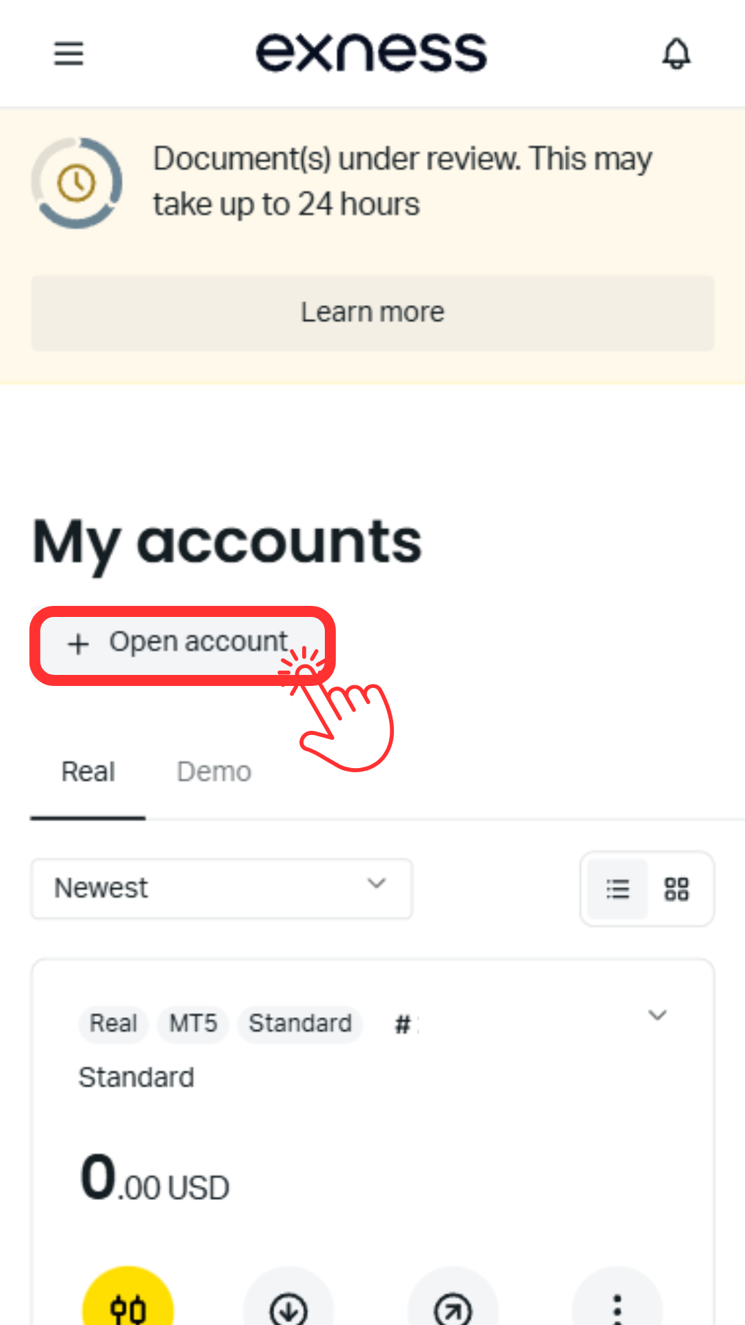 To open an Exness account, tap "Open account" from My accounts