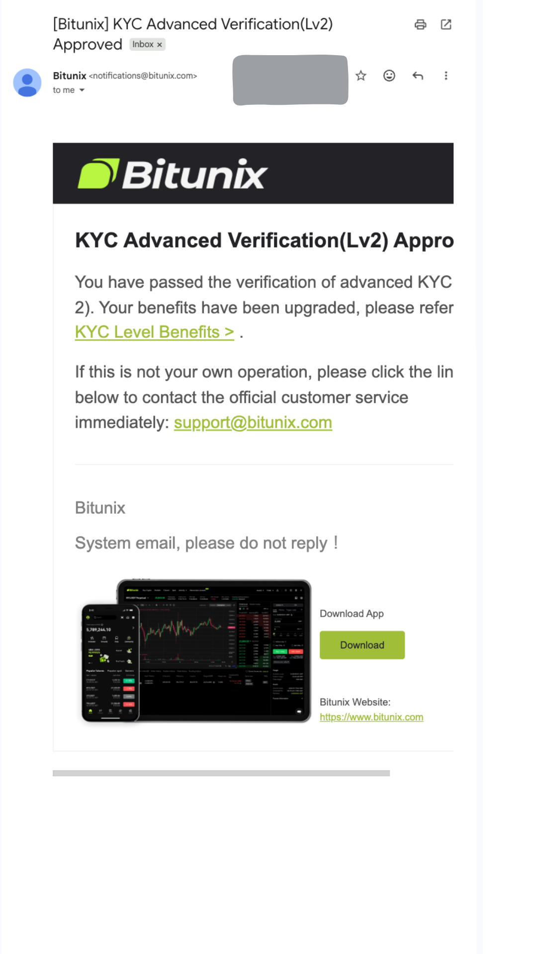 Bitunix 口座開設 KYC認証完了メールを受信する