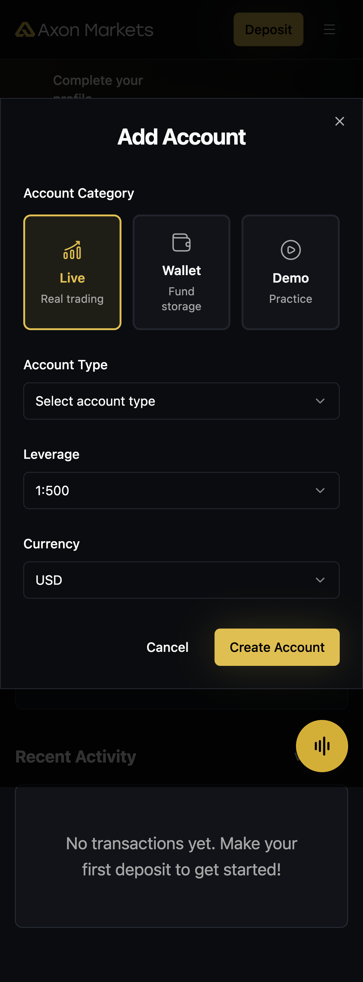 Mở tài khoản AxonMarkets bằng cách mở cửa sổ Thêm tài khoản từ mục Tài khoản của tôi