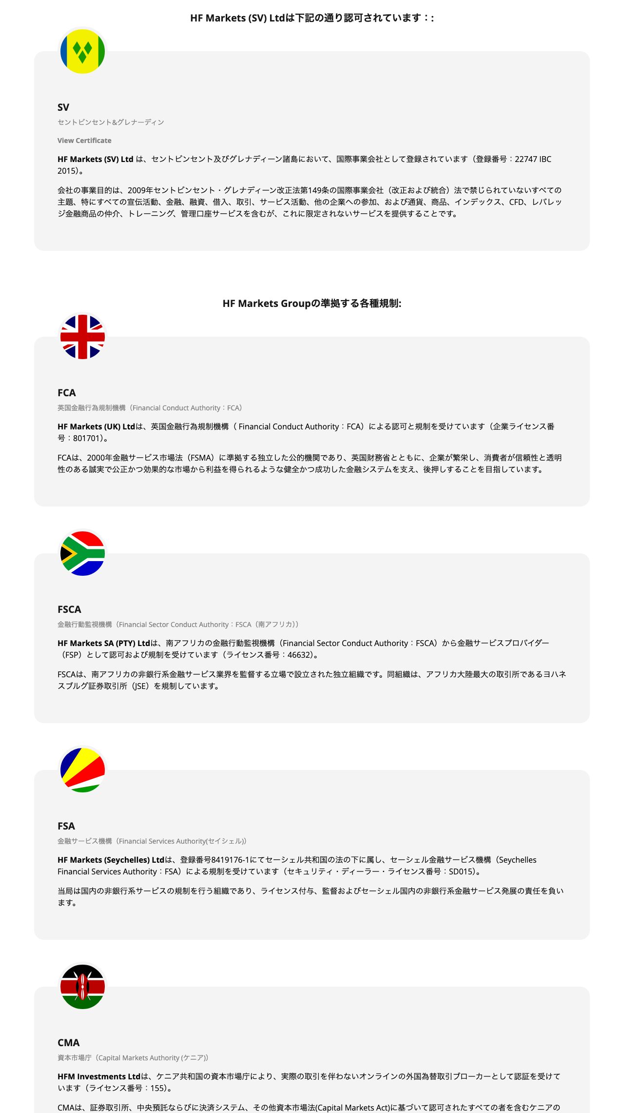 Laman web rasmi HFMhalaman "Peraturan dan Kebenaran" (pendaftaran Saint Vincent HF Markets (SV) Ltd dan empat pihak berkuasa: FCA, FSCA, FSA dan CMA)
