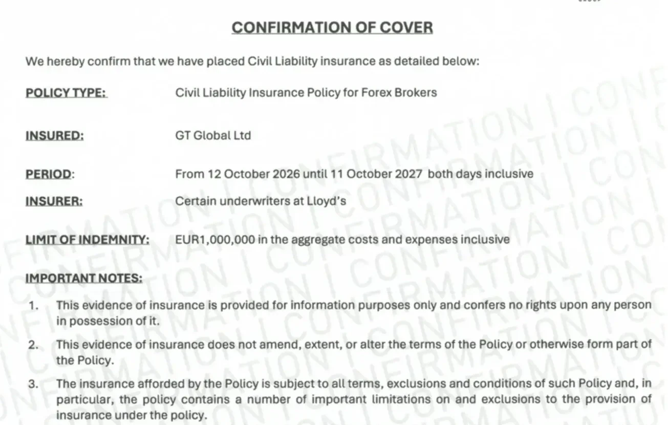 Certificado de seguro publicado en FXGT(Asegurado: GT Global Ltd; Periodo: 12 de octubre de 2026 - 11 de octubre de 2027; Aseguradora: Lloyd's underwriter; Límite: 1 millón de euros)