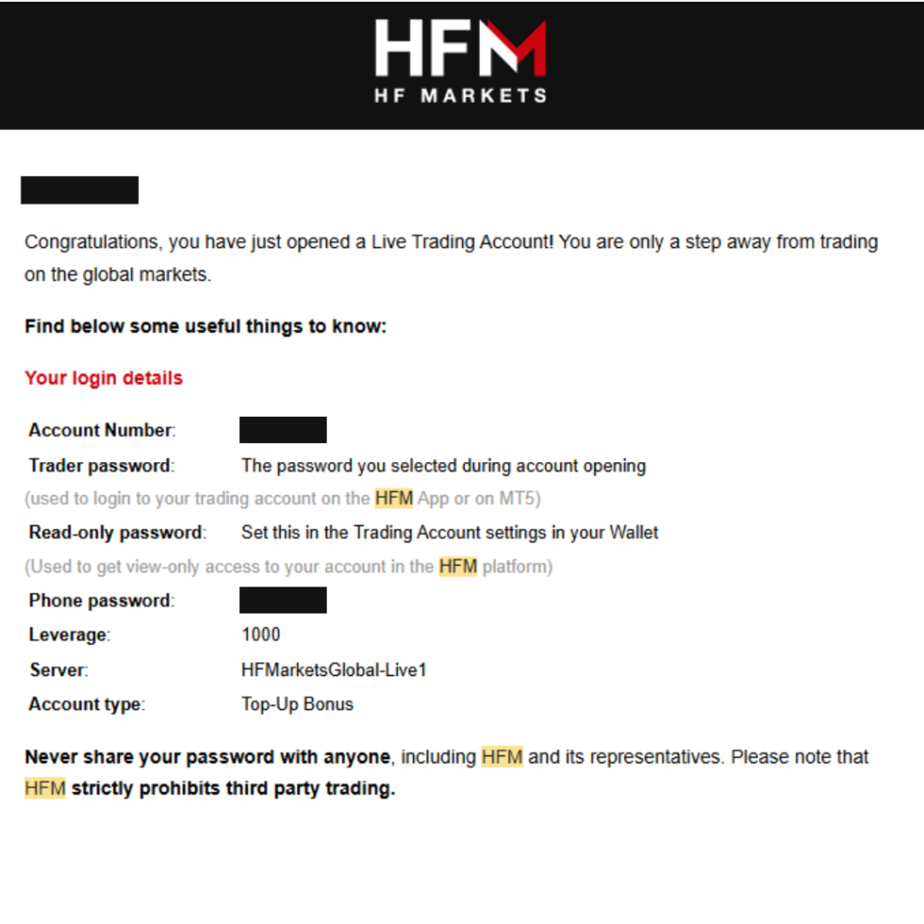 Abertura de conta HFM concluída