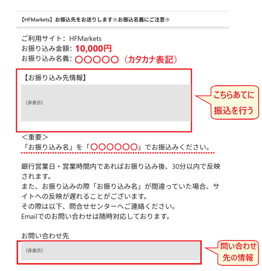HFM의 은행 송금 입금으로 도착하는 송금처 안내 메일(송금 금액·송금 명의·입금처 정보·문의처. 계좌 정보와 연락처는 비표시 가공)