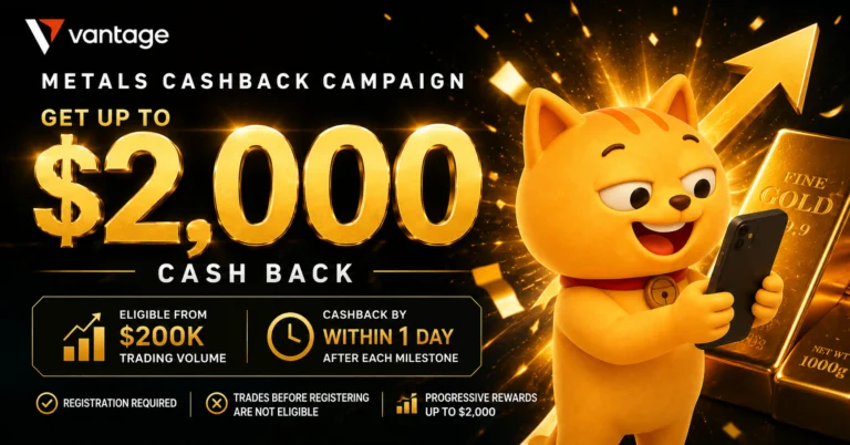 Vantage Precious Metals کیش بیک مہم: تجارتی حجم کے لحاظ سے $2,000 تک۔